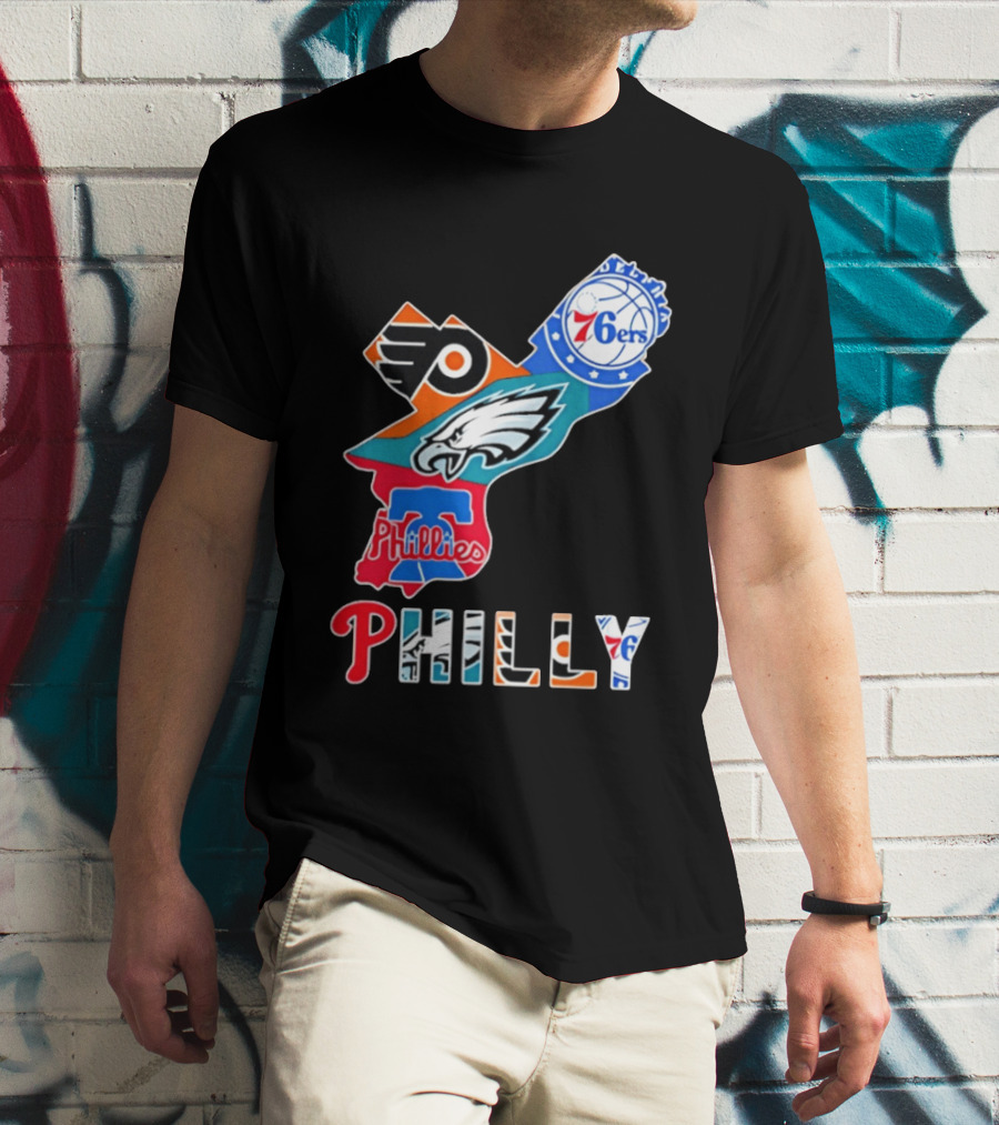 Philadelphia Flyers 76ers Eagles Phillies PHILLY Sports Logos State Map T-Shirt
