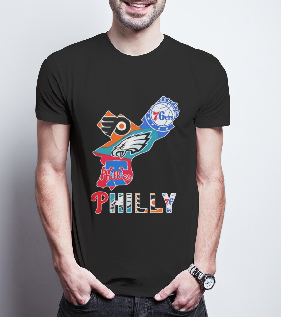 Philadelphia Flyers 76ers Eagles Phillies PHILLY Sports Logos State Map T-Shirt