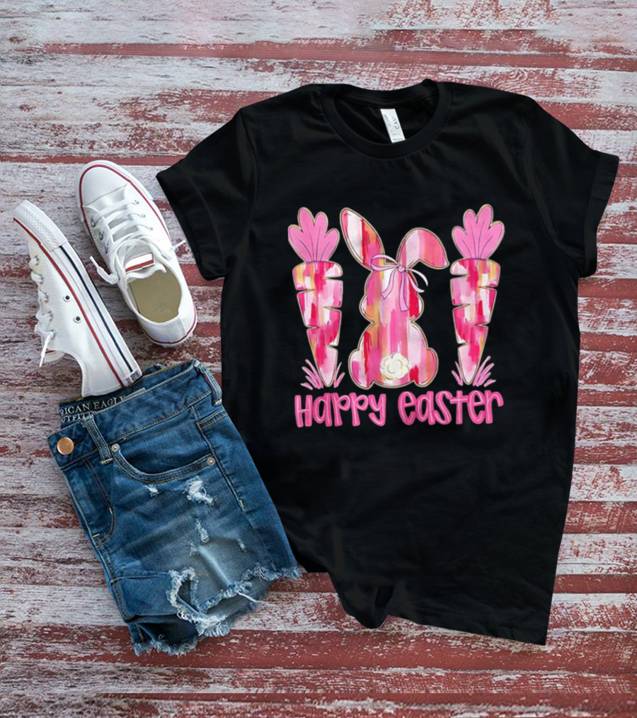 Pink Brushstroke Bunny Carrot Happy Easter T-Shirt