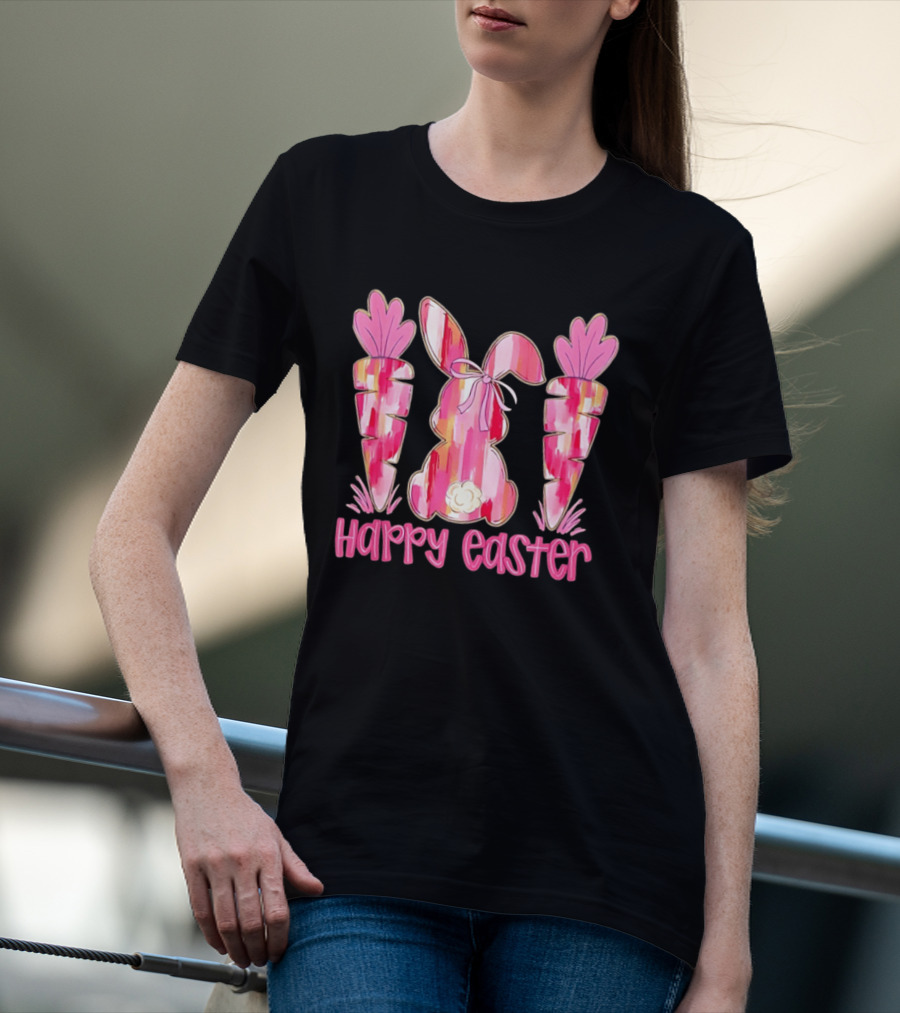 Pink Brushstroke Bunny Carrot Happy Easter T-Shirt