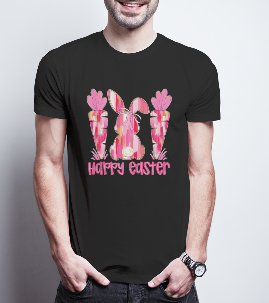 Pink Brushstroke Bunny Carrot Happy Easter T-Shirt