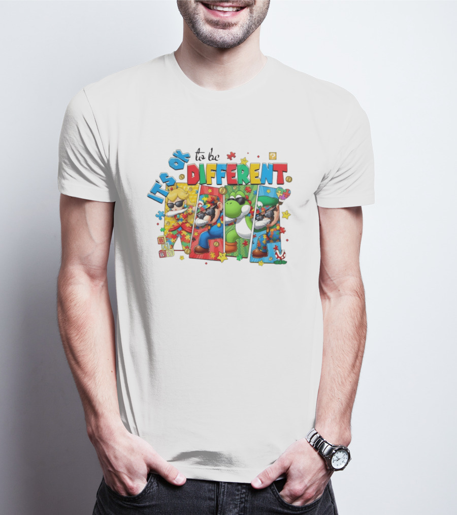 It's Okay To Be Different Mario Super Autism Characters Puzzle T-Shirt