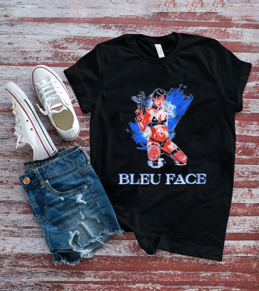 Bleu Face Anime Girl With Gun And Blue Brushstroke T-Shirt