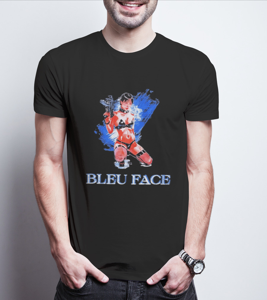 Bleu Face Anime Girl With Gun And Blue Brushstroke T-Shirt