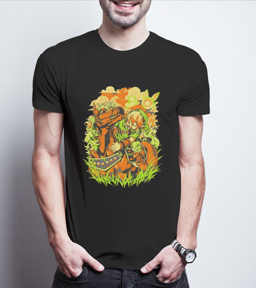 Link Epona Navi Fields Retro Gaming Adventure Fantasy T-Shirt