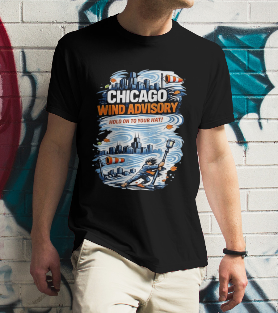 Chicago Wind Advisory Hold On To Your Hat Cityscape And Skyline Scene T-Shirt
