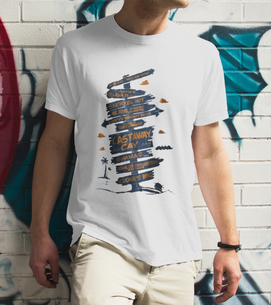Castaway Cay Bahamas Adventure Signpost Donald's Boat Tours Cookie's BBQ T-Shirt