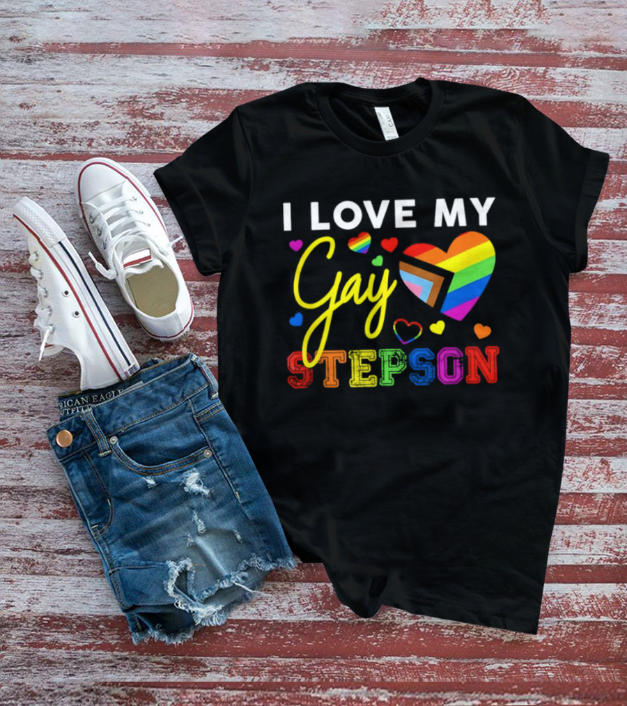 I Love My Gay Stepson LGBT Pride Rainbow Heart T-Shirt