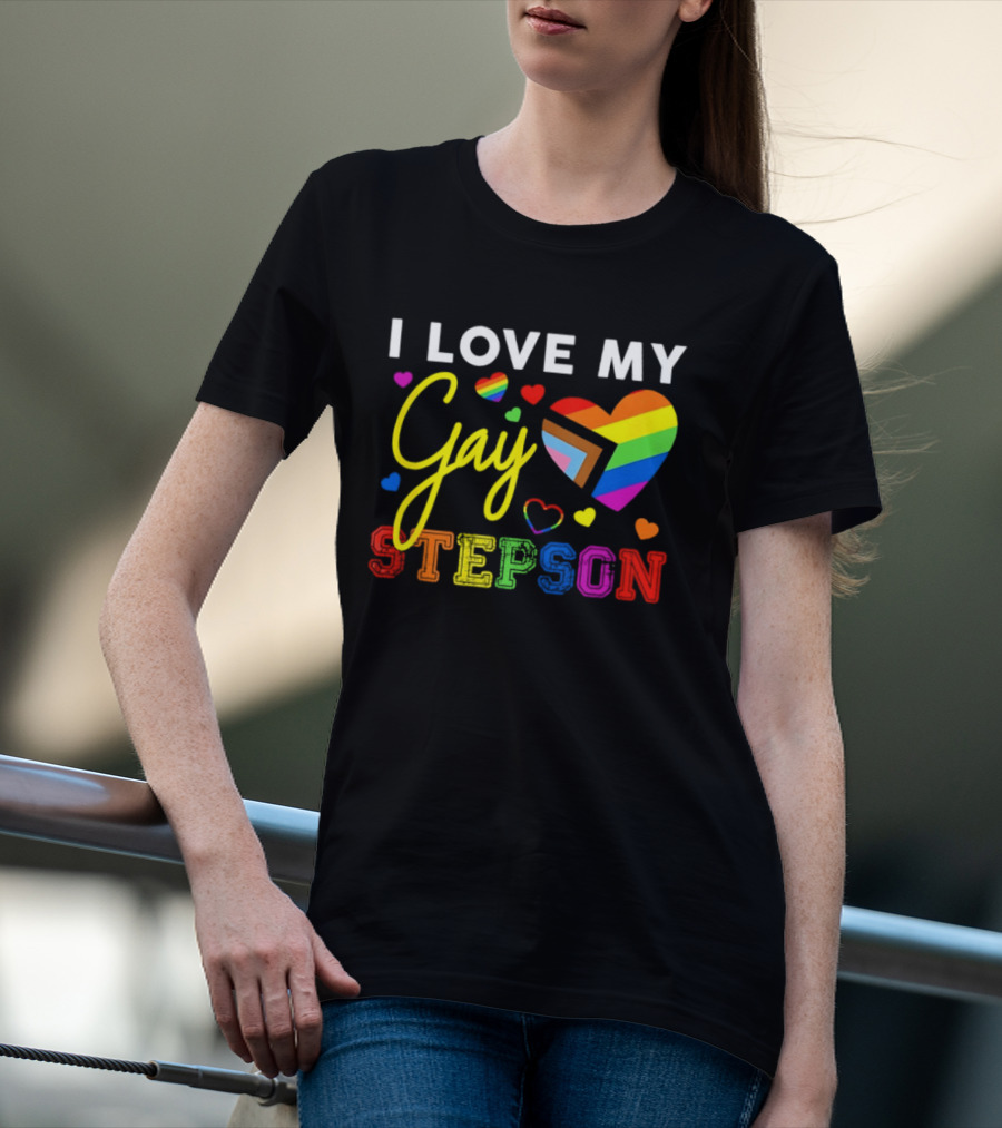 I Love My Gay Stepson LGBT Pride Rainbow Heart T-Shirt