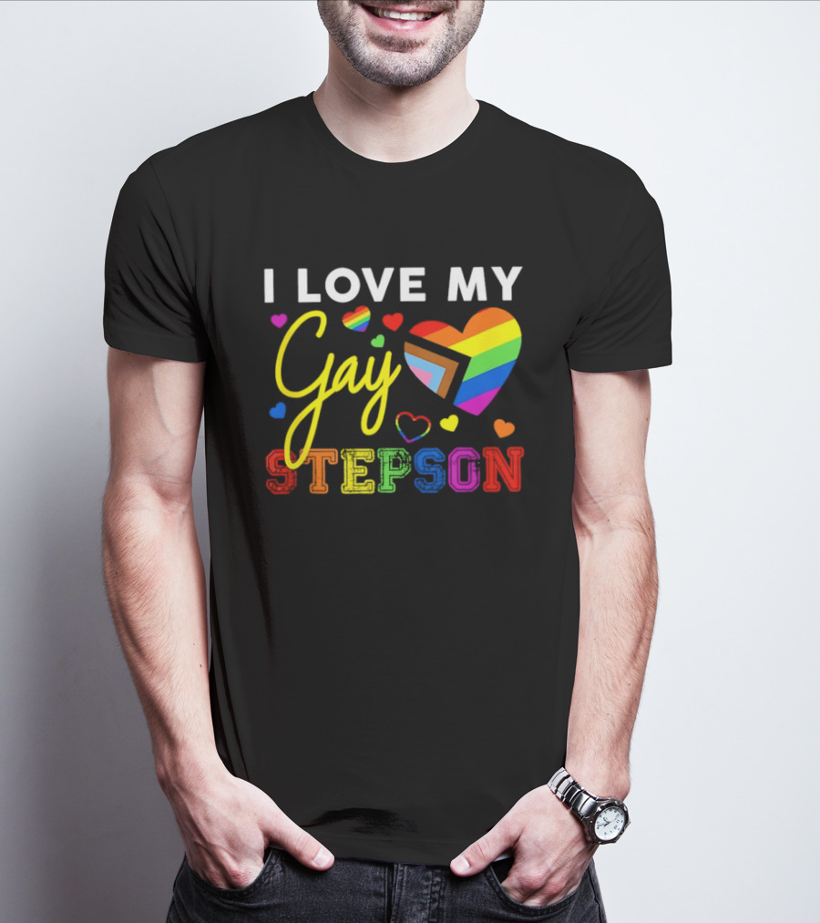 I Love My Gay Stepson LGBT Pride Rainbow Heart T-Shirt