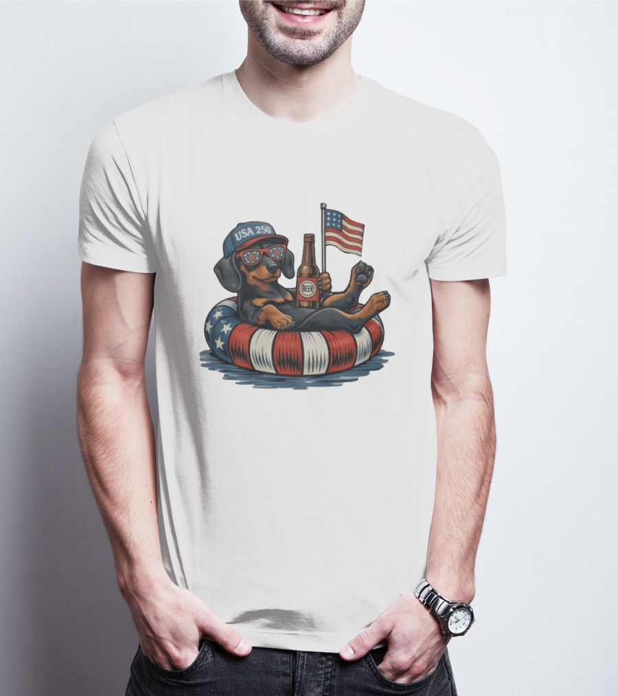 USA 250 Dachshund Floating With American Flag And Beer T-Shirt