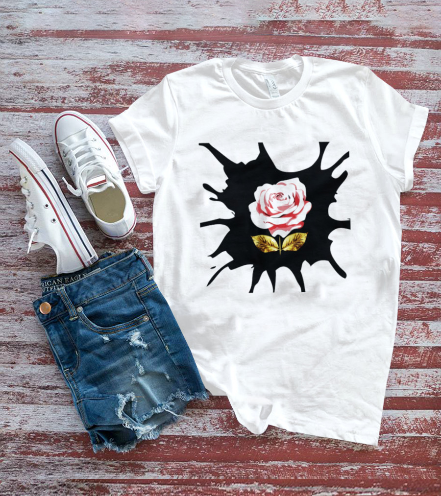 Elegant Pink Flower On Dark Splatter With Golden Leaves T-Shirt