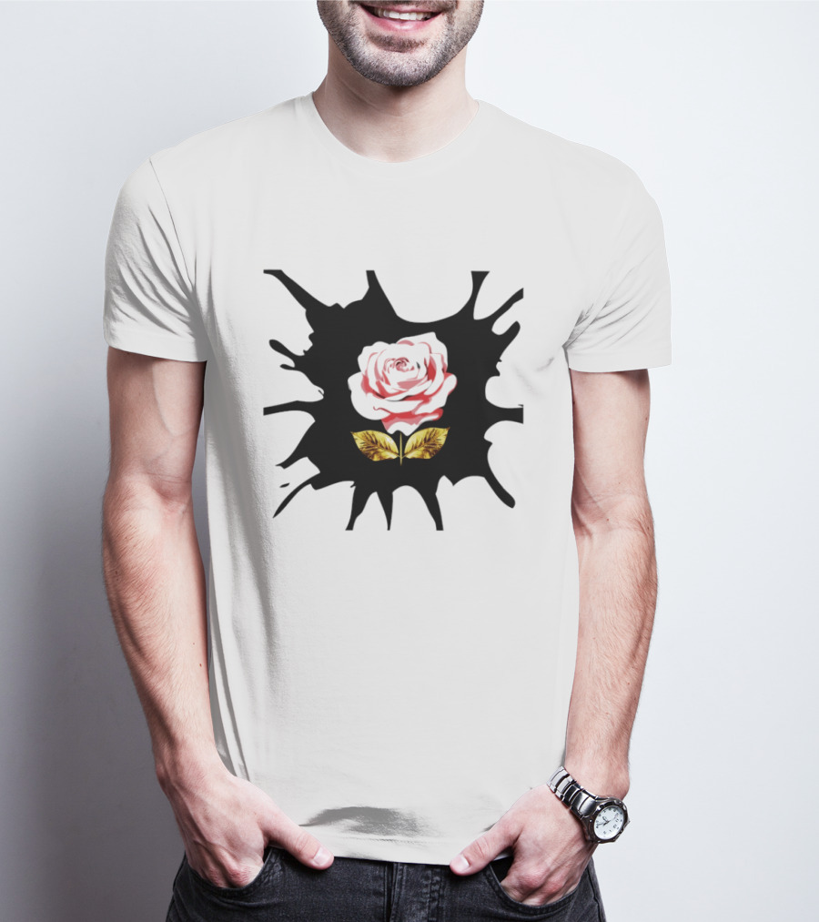 Elegant Pink Flower On Dark Splatter With Golden Leaves T-Shirt