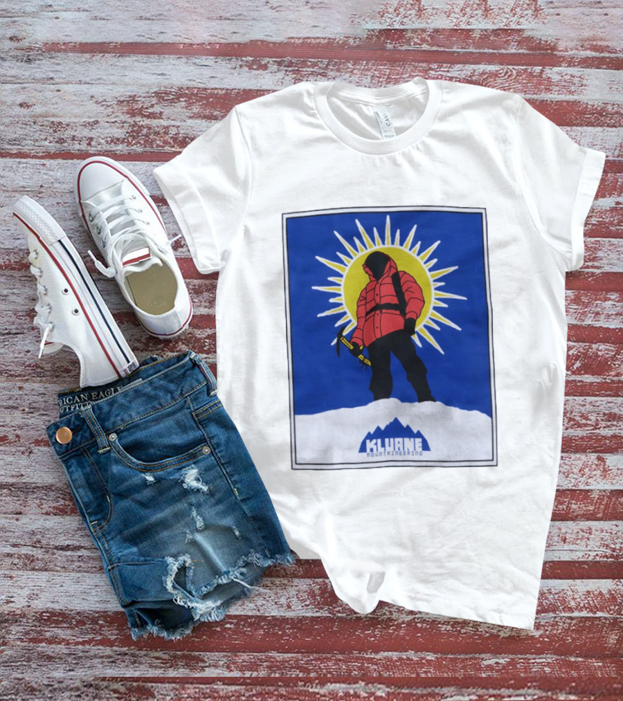 Kluane Mountaineering Hiker In Red Parka With Sunburst And Ice Axe T-Shirt