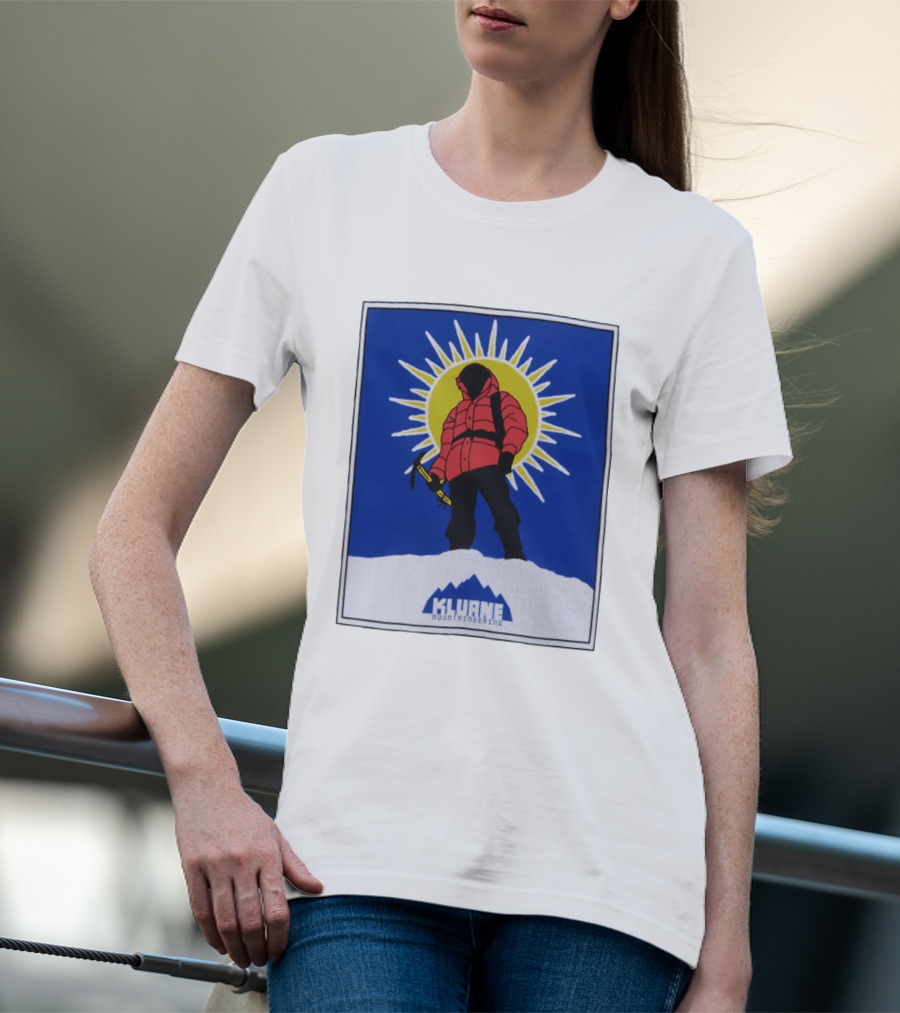 Kluane Mountaineering Hiker In Red Parka With Sunburst And Ice Axe T-Shirt