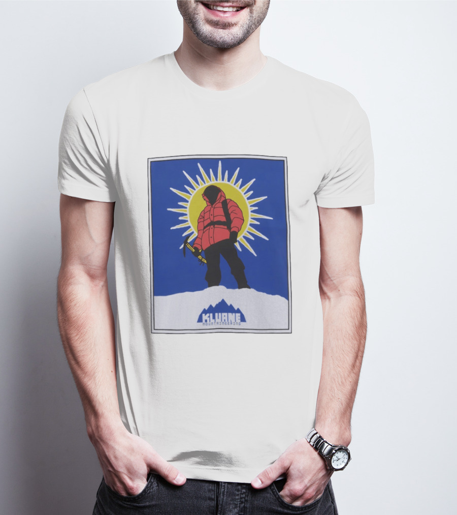 Kluane Mountaineering Hiker In Red Parka With Sunburst And Ice Axe T-Shirt