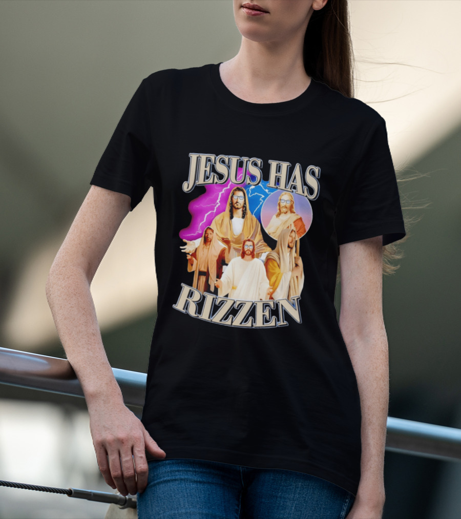 Jesus Has Rizz'en Meme Humor Lightning Vibes Sunglasses T-Shirt