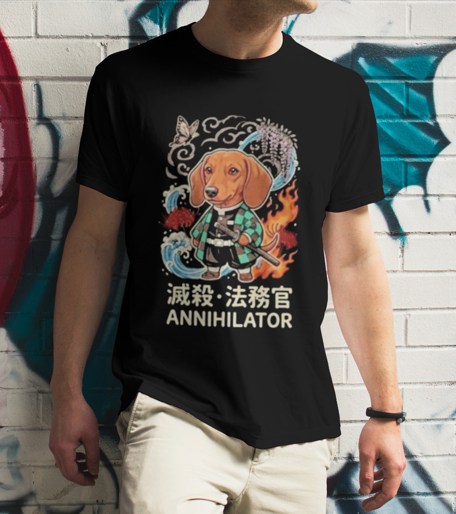 Annihilator Dachshund Kimono Kanji Flame Water Sword Butterfly T-Shirt