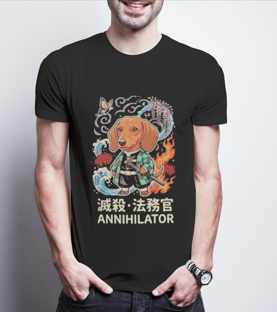 Annihilator Dachshund Kimono Kanji Flame Water Sword Butterfly T-Shirt