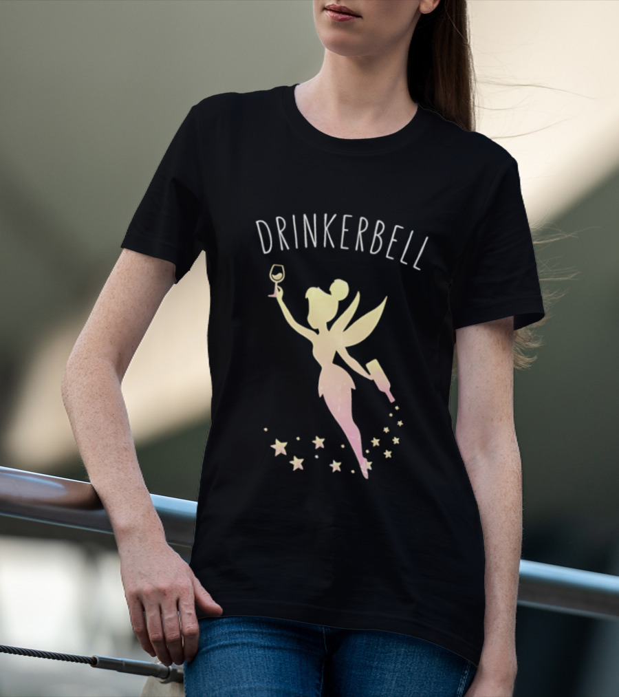 DRINKERBELL Fairy Holding Wine Glass And Bottle With Star Magic T-Shirt