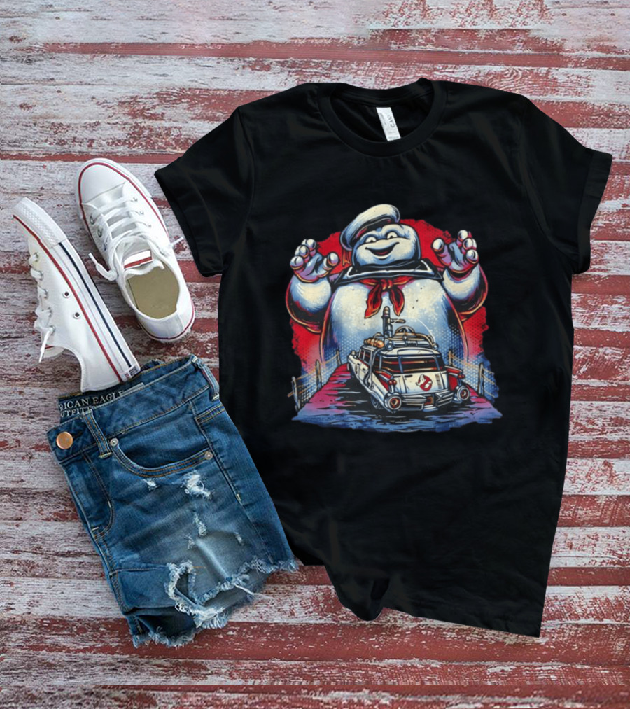 Ghostbusters Ecto 1 Meets Stay Puft Marshmallow Man Iconic Movie Scene T-Shirt