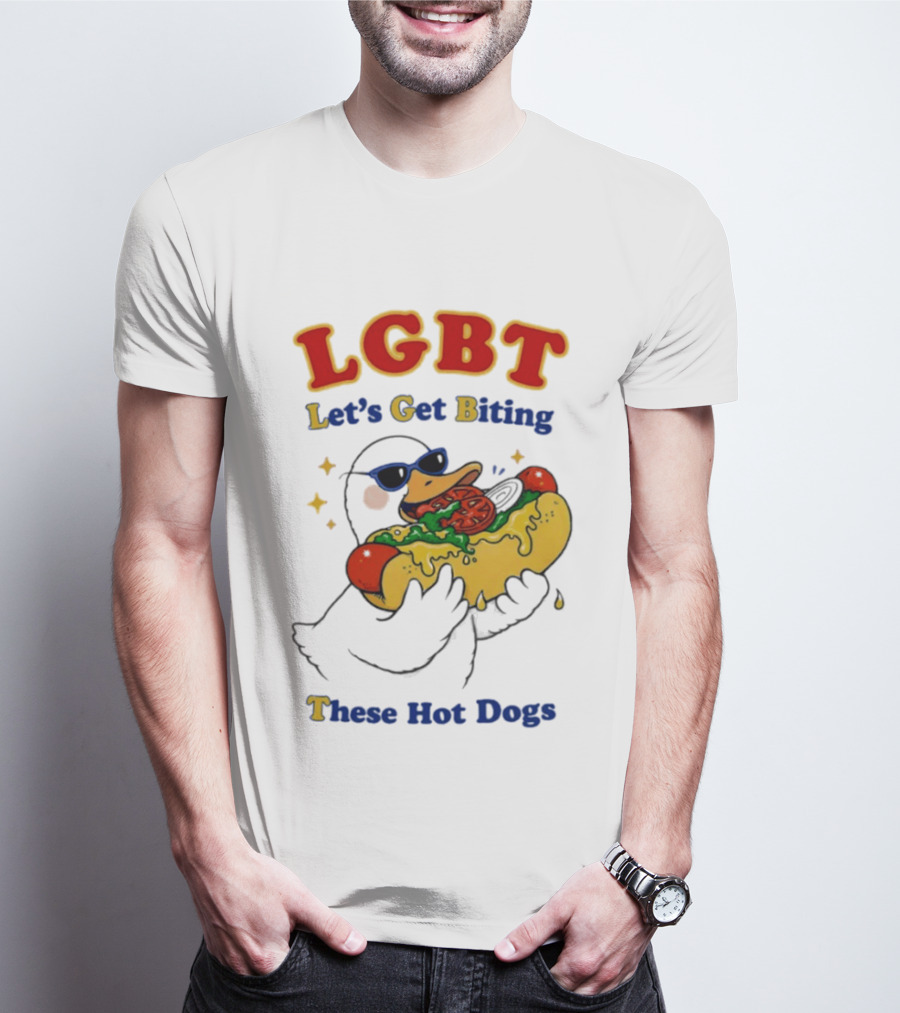 LGBT Goose Let's Get Biting These Hot Dogs Fun Pride Humor T-Shirt