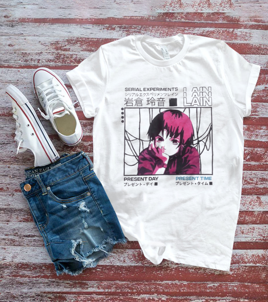 Serial Experiments Lain Present Day Present Time Japanese Text Retro Aesthetic T-Shirt