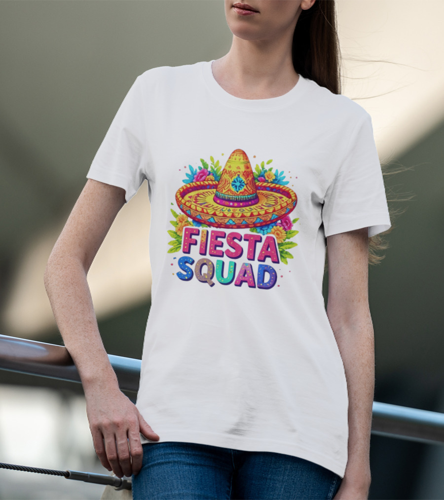 Fiesta Squad Colorful Sombrero And Flowers Cinco De Mayo Celebration T-Shirt