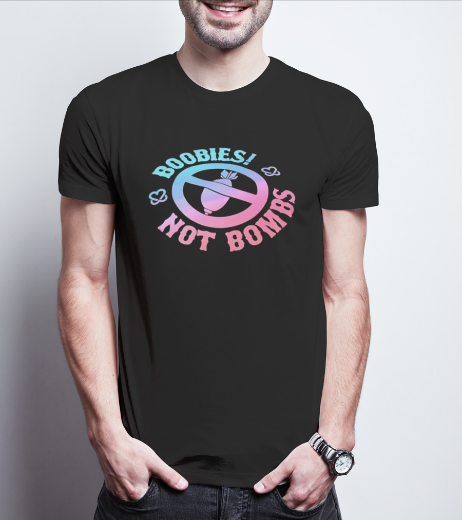Boobies Not Bombs Peace Symbol Pastel Colors Clouds T-Shirt