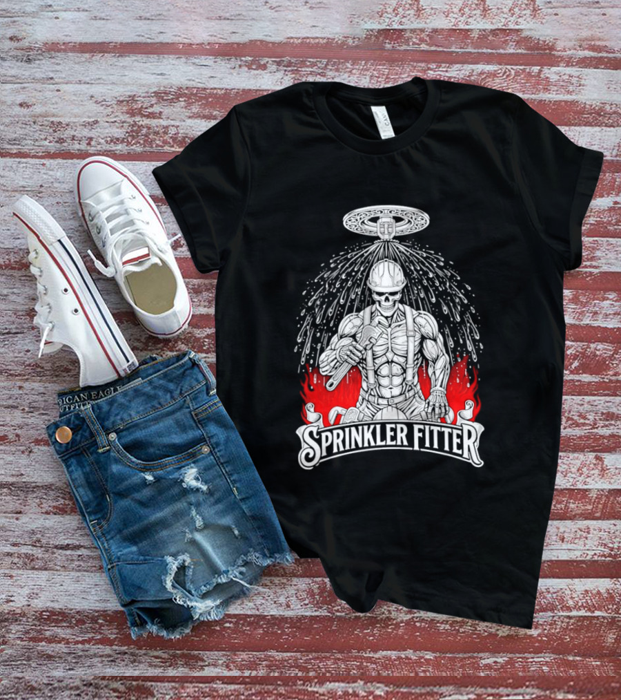 Skeleton Sprinkler Fitter With Fiery T-Shirt
