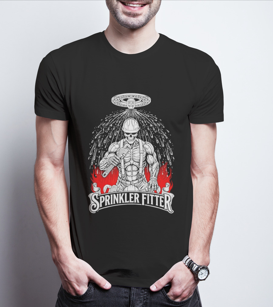 Skeleton Sprinkler Fitter With Fiery T-Shirt
