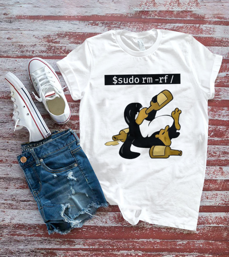 Penguin Linux Tux Drunk Sudo Rm Rf Command Bottles T-Shirt