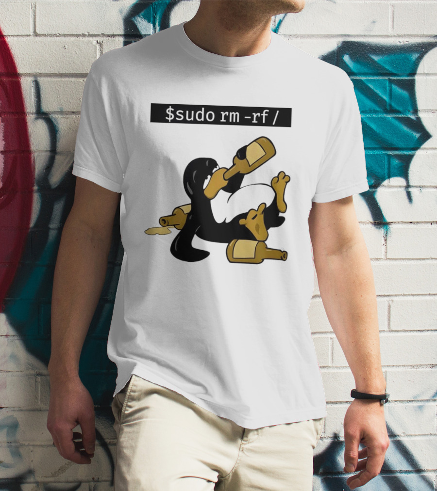 Penguin Linux Tux Drunk Sudo Rm Rf Command Bottles T-Shirt