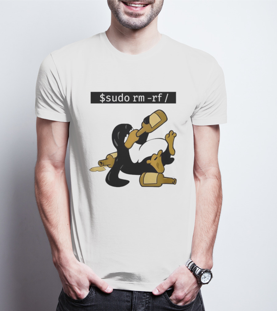 Penguin Linux Tux Drunk Sudo Rm Rf Command Bottles T-Shirt