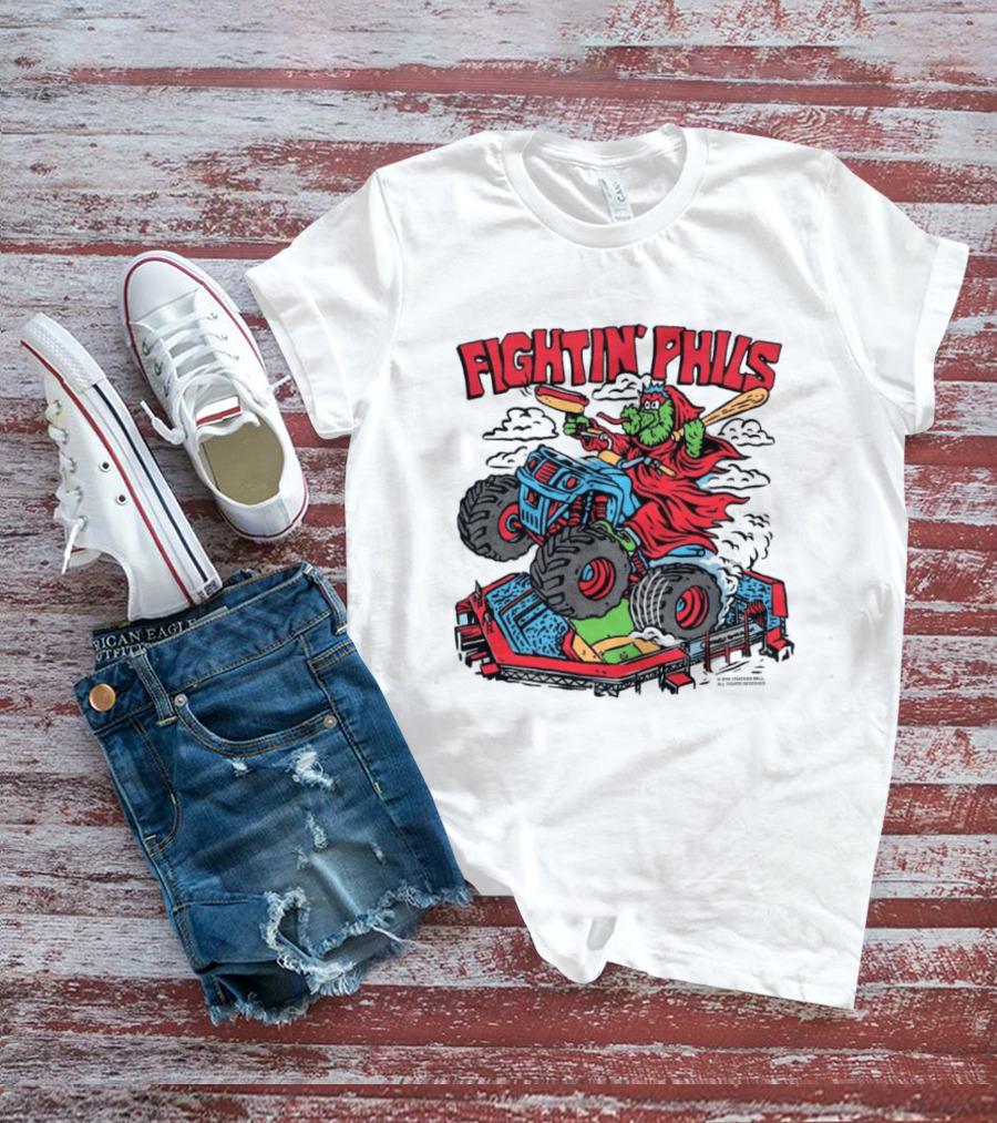 Fightin' Phils Monster Truck Creature Riding Over Baseball Stadium With Bats T-Shirt