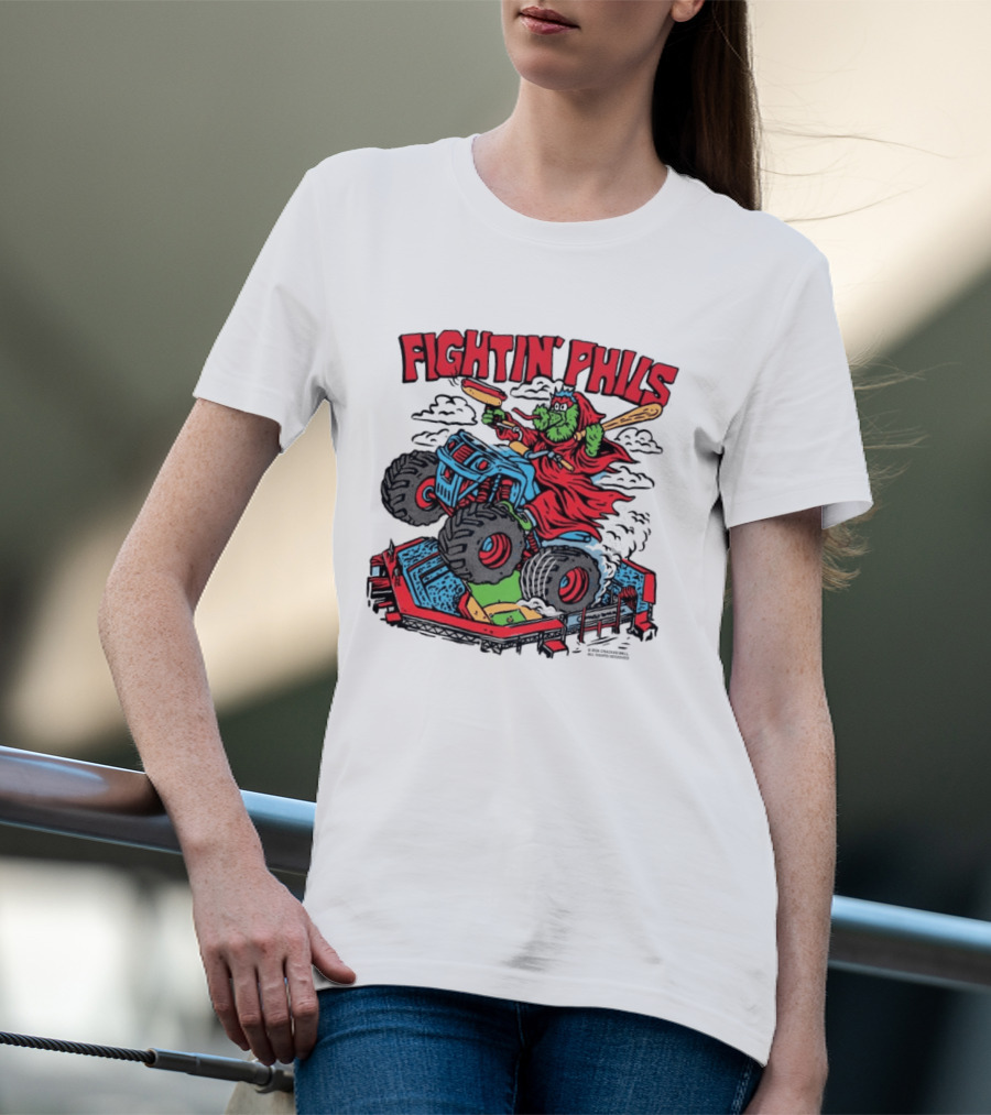 Fightin' Phils Monster Truck Creature Riding Over Baseball Stadium With Bats T-Shirt