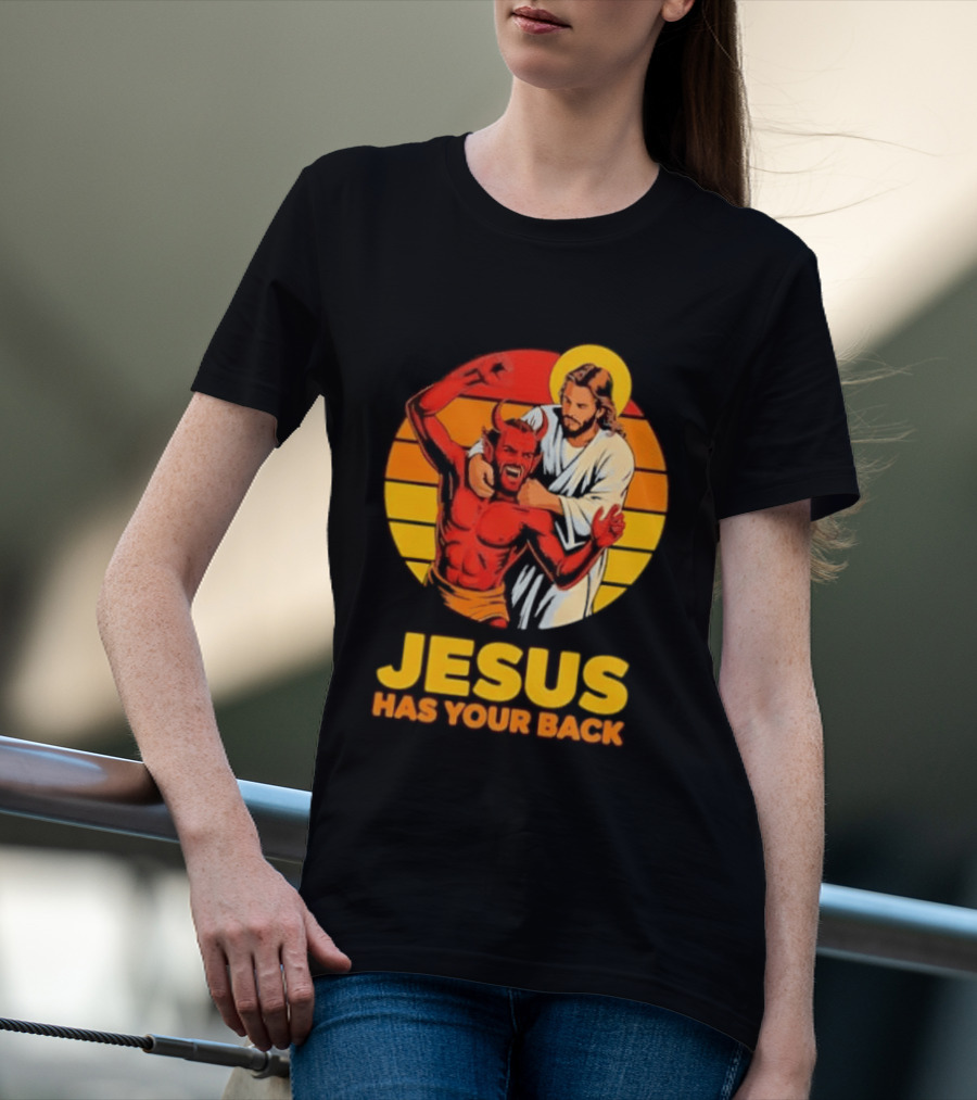 Jesus Has Your Back Vintage Illustration With Devil And Halo Symbolism T-Shirt