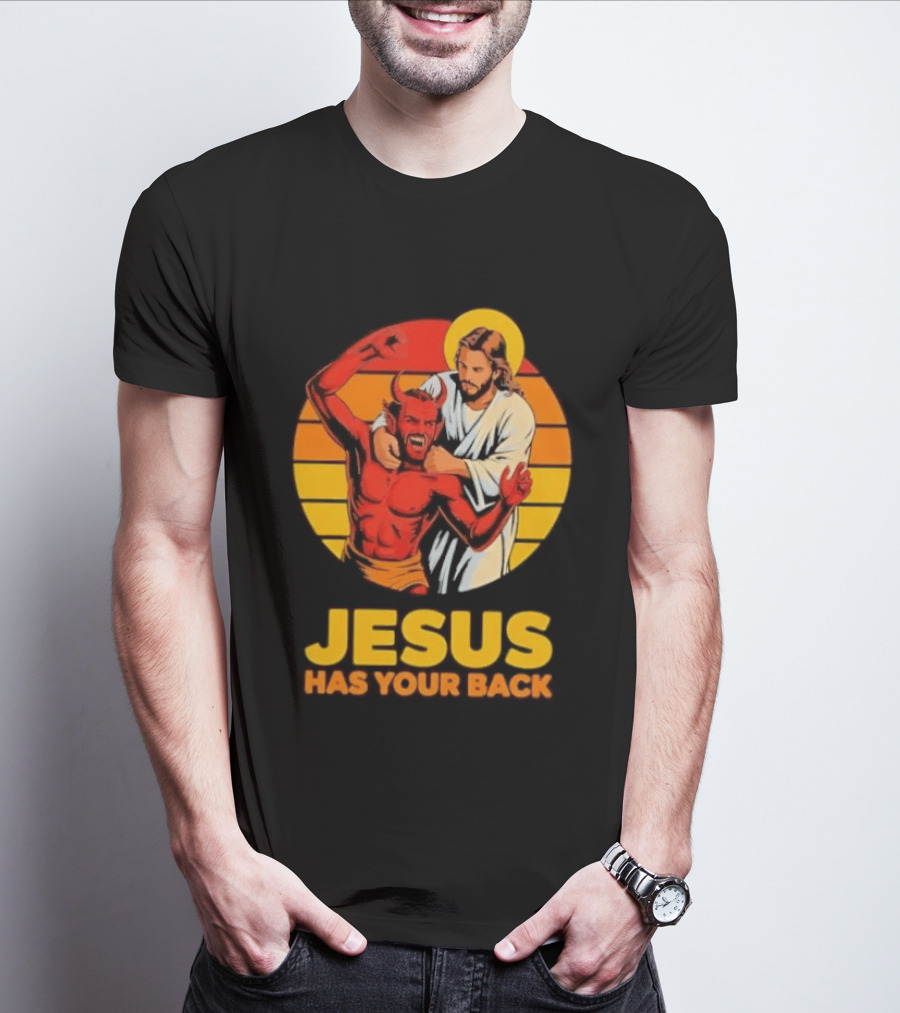Jesus Has Your Back Vintage Illustration With Devil And Halo Symbolism T-Shirt