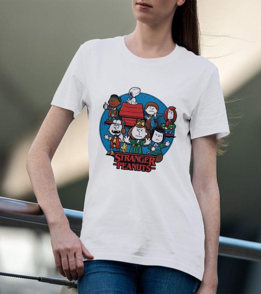 Stranger Peanuts Cartoon Characters Crossover Red Doghouse Blue Circle T-Shirt