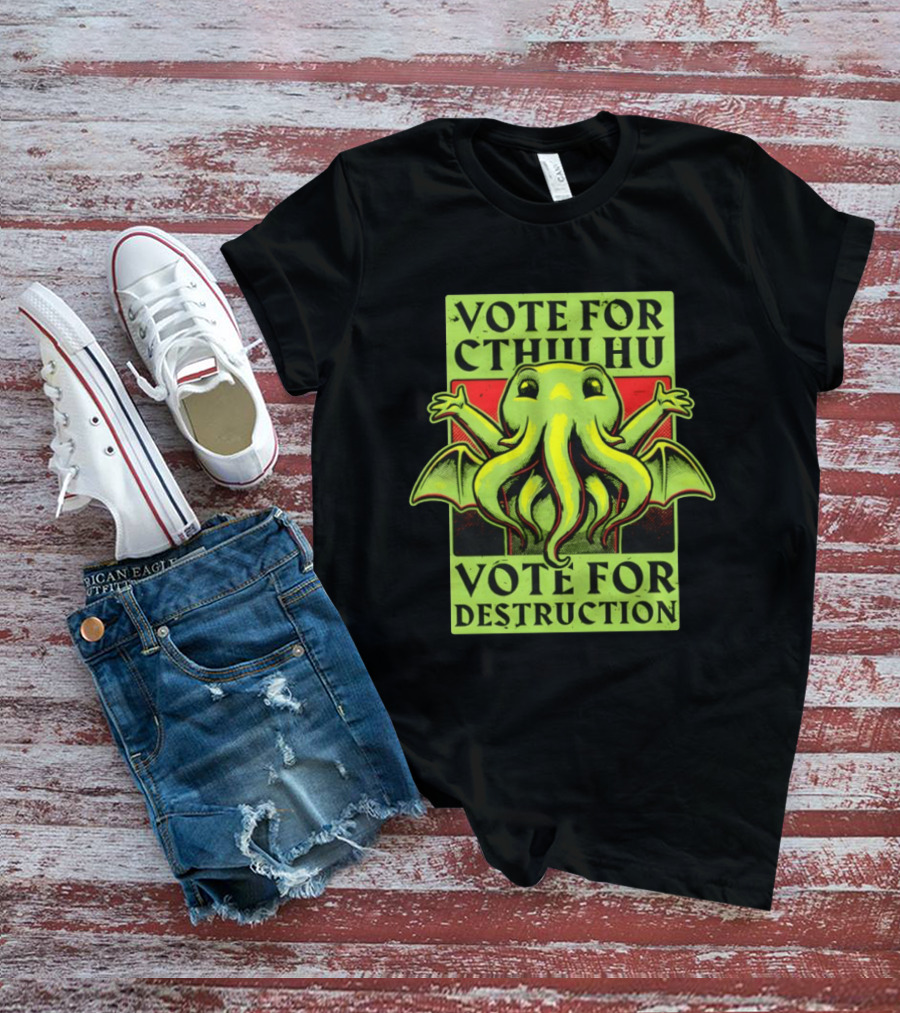 Vote For Cthulhu For Destruction Cartoon Alien Creature With Tentacles And Wings T-Shirt