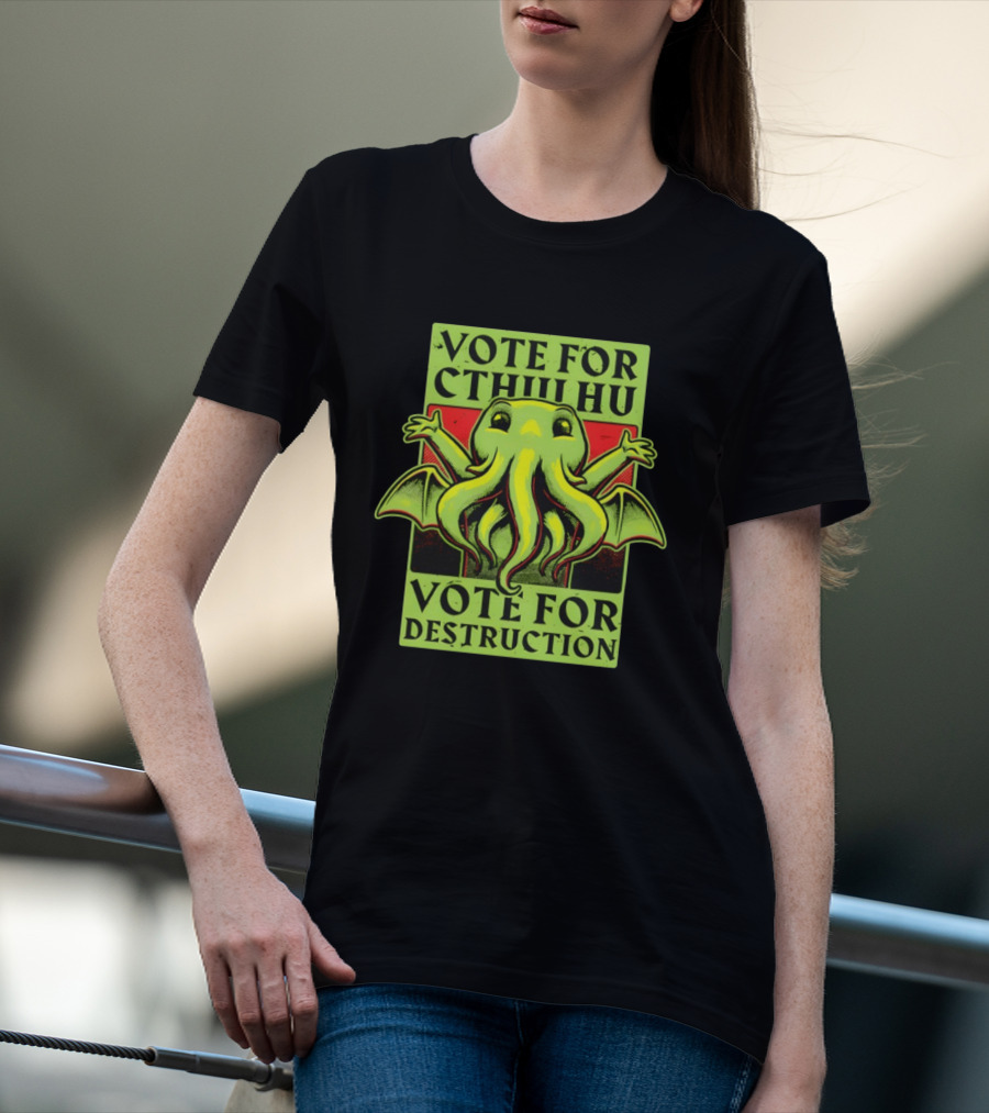 Vote For Cthulhu For Destruction Cartoon Alien Creature With Tentacles And Wings T-Shirt