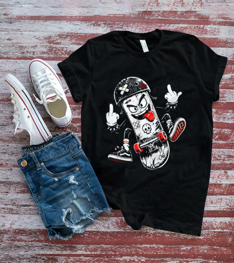 Skull Face Skateboard Cartoon Character With Attitude T-Shirt
