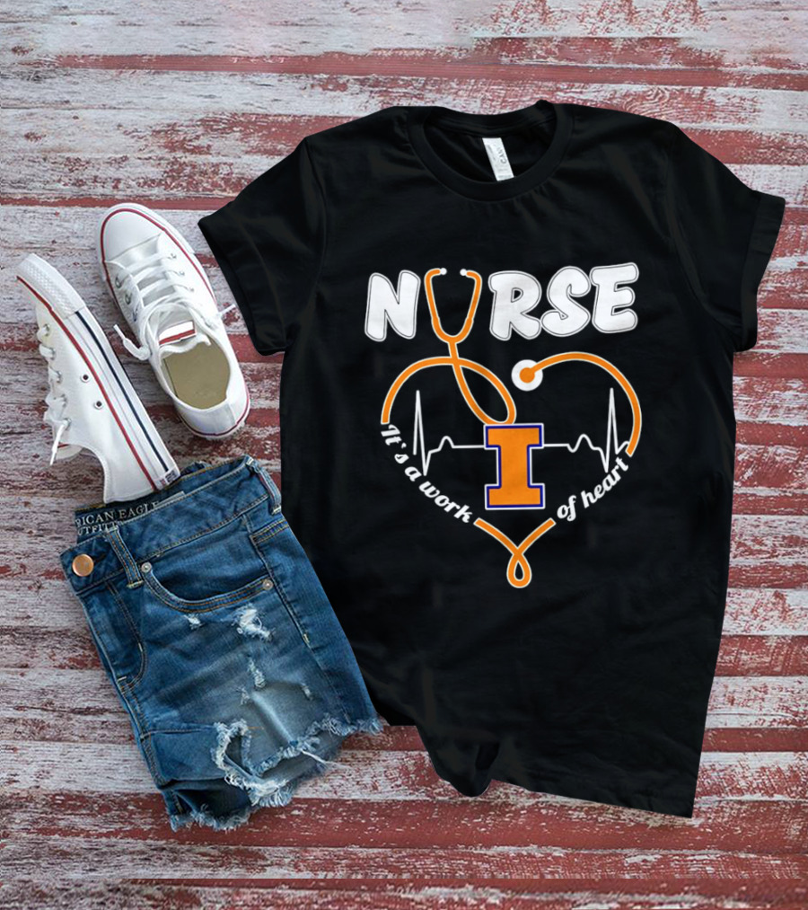 Nurse Illinois Fighting Illini It's A Work Of Heart Stethoscope Heart T-Shirt