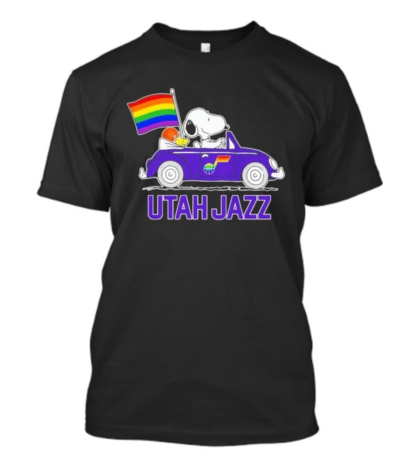 Utah Jazz Snoopy Woodstock Driving Rainbow Flag Car T-Shirt