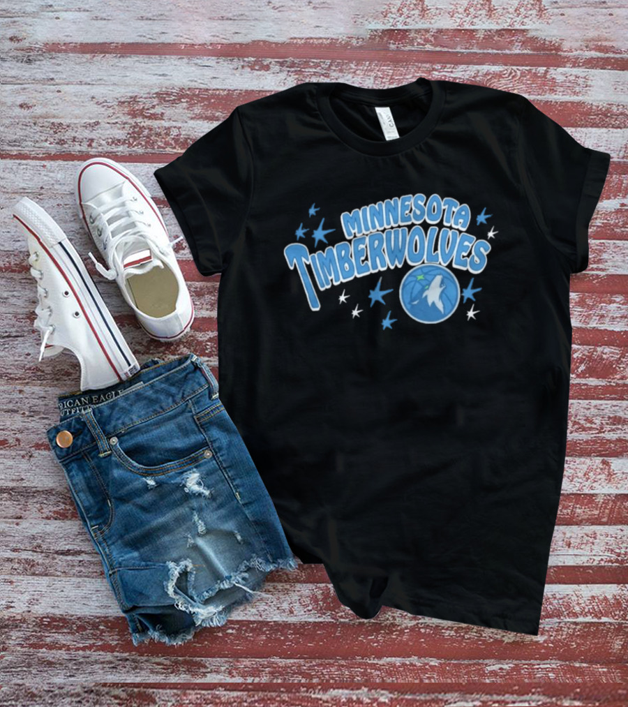 Minnesota Timberwolves Starter Black Fireworks Starry Blue Basketball Wolf T-Shirt