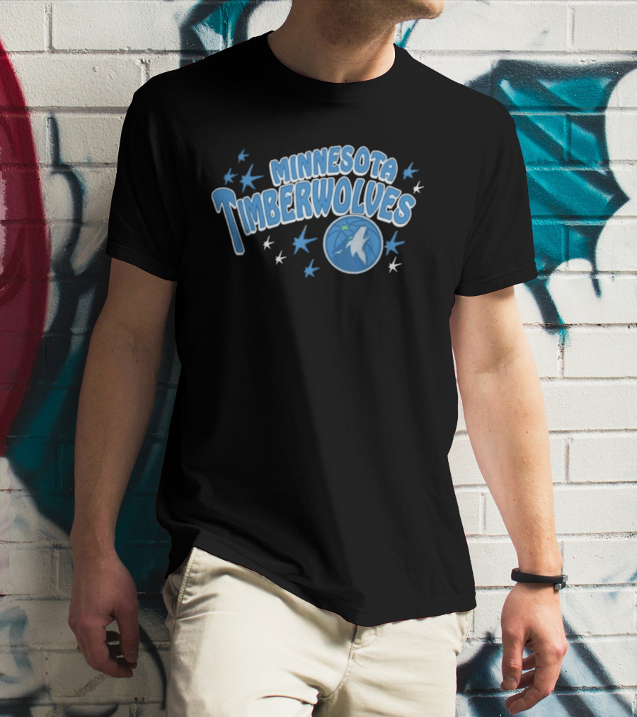 Minnesota Timberwolves Starter Black Fireworks Starry Blue Basketball Wolf T-Shirt