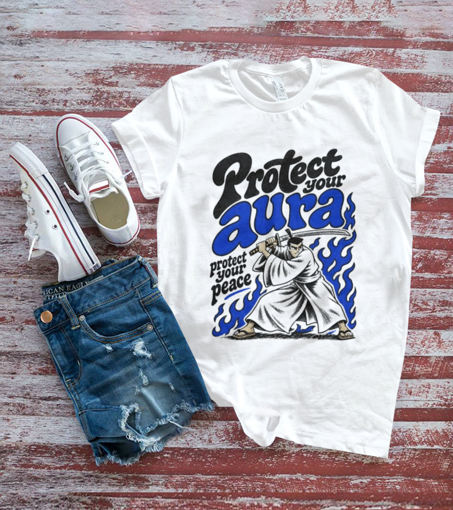 Protect Your Aura Samurai Protect Your Peace Blue Flames T-Shirt