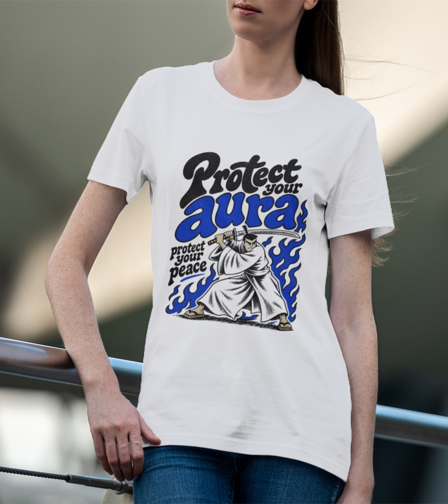 Protect Your Aura Samurai Protect Your Peace Blue Flames T-Shirt