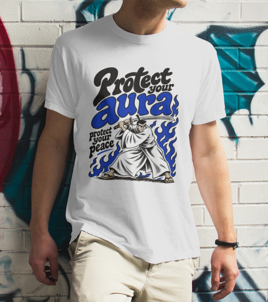 Protect Your Aura Samurai Protect Your Peace Blue Flames T-Shirt