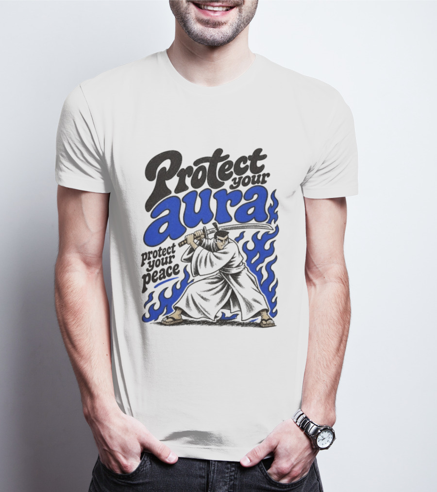 Protect Your Aura Samurai Protect Your Peace Blue Flames T-Shirt